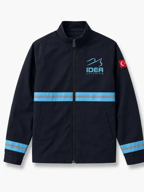 Idea Shipping için üretilen iş ceketi ve tişört: sırt, göğüs, kol bölgesine baskı + nakış + arma uygulandı