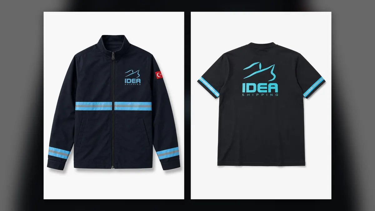 Idea Shipping için üretilen logo baskılı iş kıyafetleri — gerçek ürün fotoğrafı