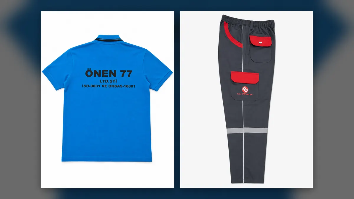 Önen 77 için üretilen logo baskılı iş kıyafetleri — gerçek ürün fotoğrafı